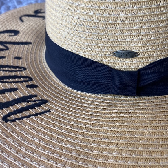 Woven Beach Hat w/ Black Trim and “just chillin” embroidery - Picture 2 of 3